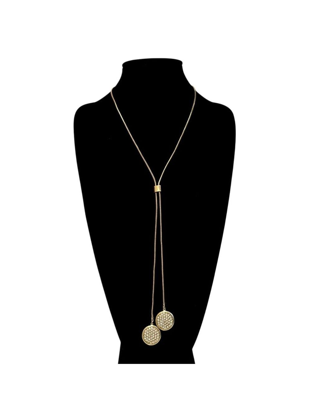 CHICO’S Gold-Tone Pavé Disc Slider Lariat Snake Chain Necklace | NWOT